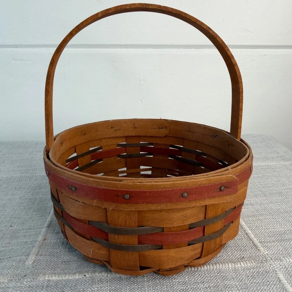 1989 Longaberger All American Stitching Basket Red Blue Stationary Handle USA